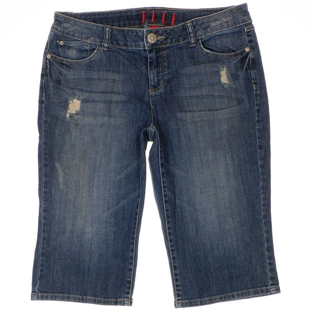 Elle Jeans Womens 12 Skimmer Capri Long Bermuda Distressed Blue Measures 34 x 15